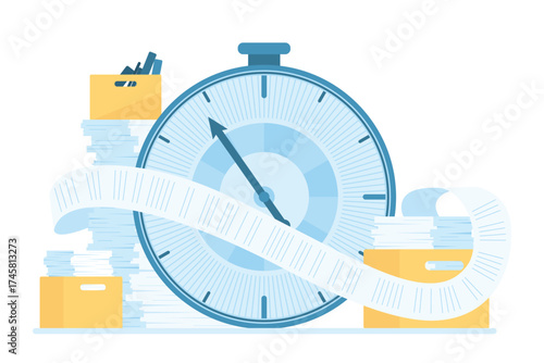 Pressure of paperwork and deadline vector illustration. Cartoon isolated big timer and long endless scroll of paper from office boxes with documents and tax forms, bureaucracy and time management