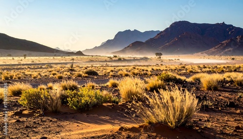 Desert landscape at dawn.  Sparse vegetation, dry, hazy light
