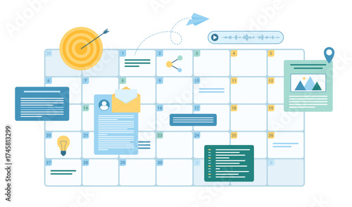 Business planning in online calendar vector illustration. Cartoon isolated digital schedule organizer with reminder of deadline and special date with notification, appointment and meeting, voice notes