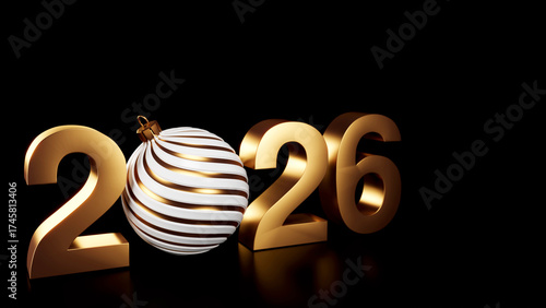 Golden 3D Numbers 2026 with a White and Gold Striped Christmas Ornament Replacing the Zero, Isolated on a Black Background