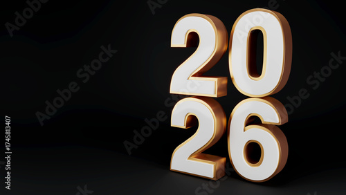 Stacked Year 2026 in White and Gold on a Dark Black Background