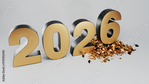 Gold and Black 3D Text 2026 With the Last Number Five Breaking into Golden Shards, Symbolizing the End of the Year 2025