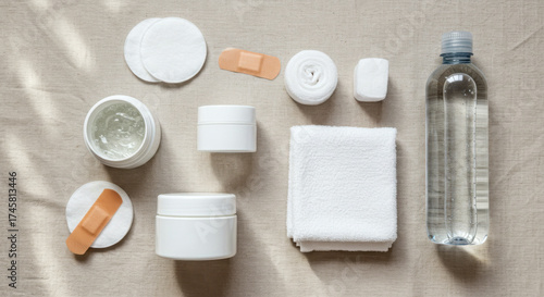Skincare items for post-tattoo removal, including creams, bandages, and water bottle on fabric