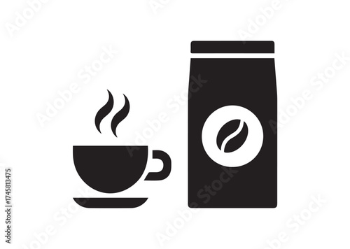 Cup of coffee and package icon, Cup of coffee and package solid vector design