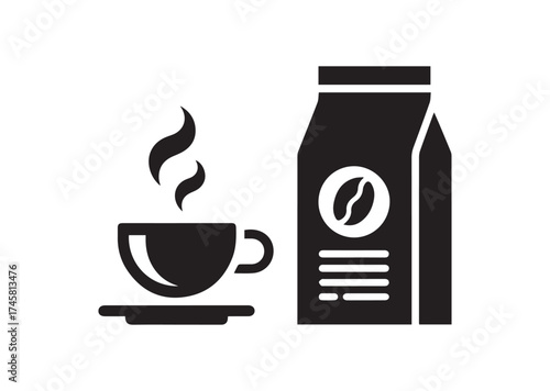 Cup of coffee and package icon, Cup of coffee and package solid vector design