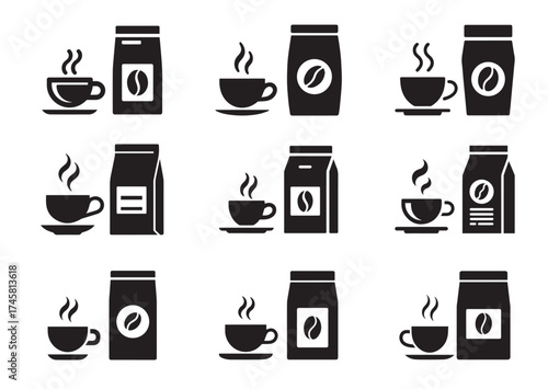 Cup of coffee and package icon, Cup of coffee and package solid vector design