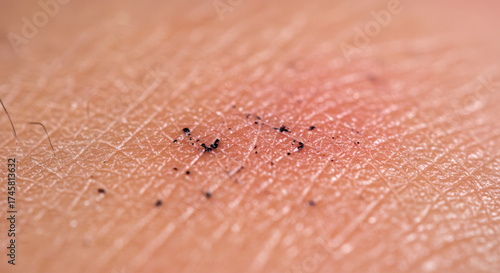 Tattoo removal aftermath, displaying ink residues on skin, in close-up macro