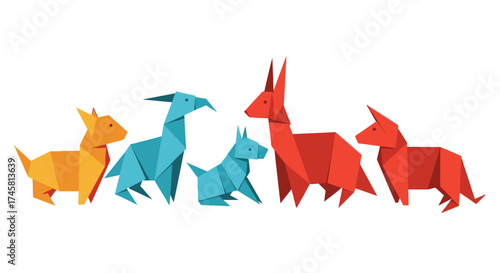 Origami animal figures in vibrant colors arranged in a row.