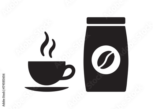 Cup of coffee and package icon, Cup of coffee and package solid vector design