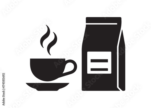 Cup of coffee and package icon, Cup of coffee and package solid vector design