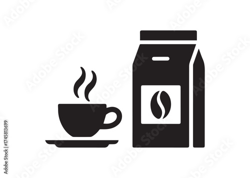 Cup of coffee and package icon, Cup of coffee and package solid vector design