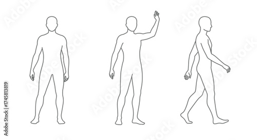 Simple line drawing of three human figures in different poses