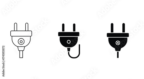 Simple black and white illustration depicting three different electrical plugs