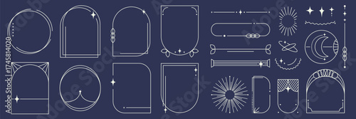 Set of minimal oval boho frame with line arch border and abstract shape. Yoga aesthetic design. Vintage geometric element set with mystic star sparkle, sun.