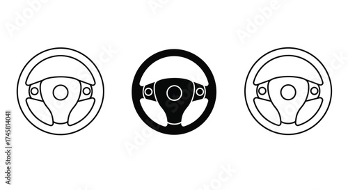 Three automotive steering wheels presented in varying line weights and styles