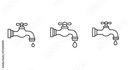 Three simple line art depictions of water taps with dripping drops
