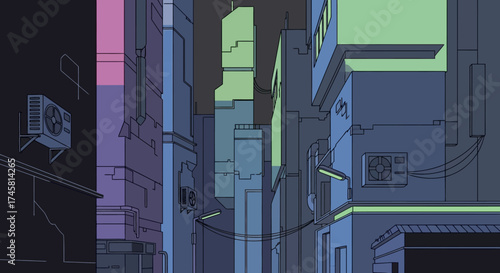 Pixel art cityscape with tall buildings and narrow alleyways at night.