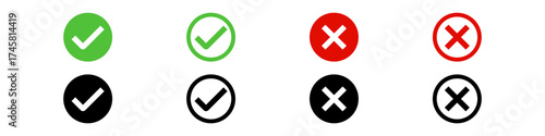 Check mark icon button set. check box icon with right and wrong buttons and yes or no checkmark icons in green tick box and red cross. Vector illustration. Color set