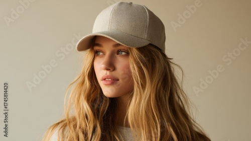 Realistic mockup of a plain blank baseball cap with no logo or pattern, front view, worn by a young woman model with long wavy blonde hair, natural expression, neutral background
