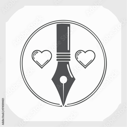 A stylized illustration of a fountain pen nib with two hearts, contained within a circle.