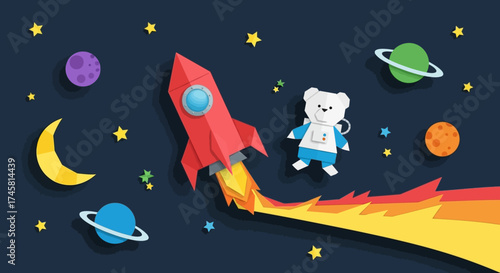 Red rocket ship soaring through space with a cute astronaut bear.