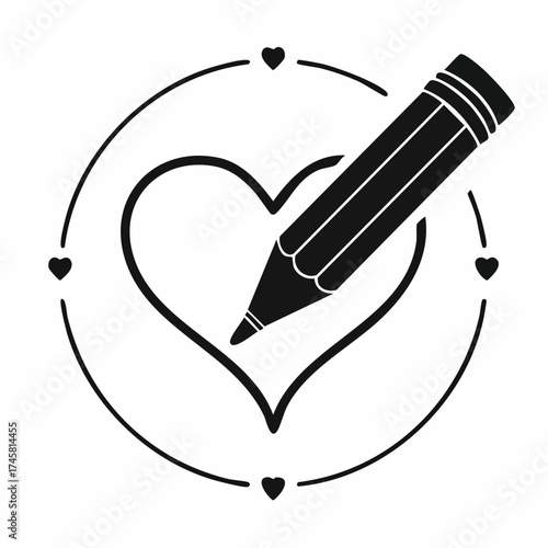 A pencil drawing a heart shape, surrounded by small hearts, within a circle.