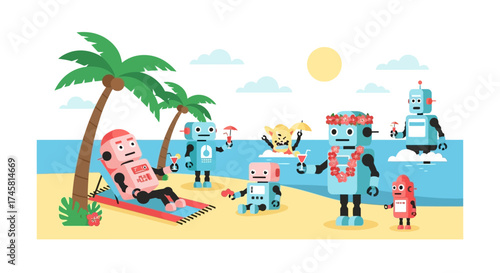 Robots enjoying a sunny beach vacation with palm trees and ocean views.