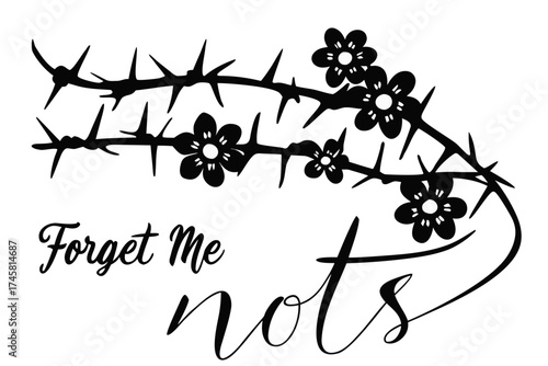Floral design of forget-me-nots with calligraphy text on white background  