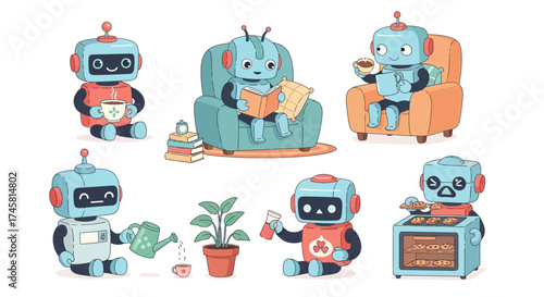 Robots Enjoying Leisure Activities - Reading, Gardening, and Relaxing.