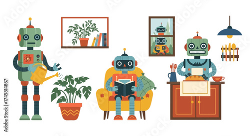 Robots in Domestic Scenes - Gardening, Reading, and Cooking.