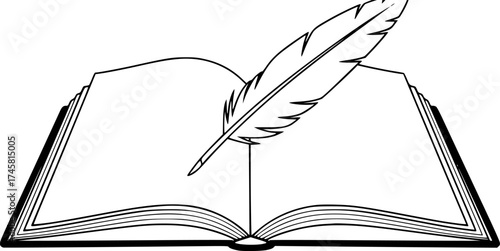 a vector graphic of an open book with a feather quill resting on its pages