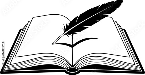 a vector graphic of an open book with a feather quill resting on its pages