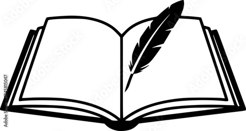 a vector graphic of an open book with a feather quill resting on its pages