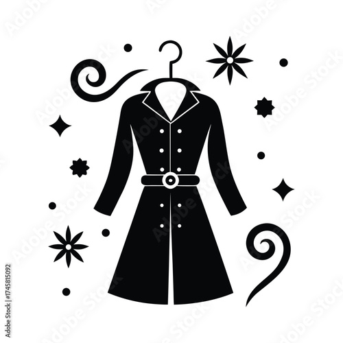 Luxurious trench coat hanging on hanger black silhouette vector art illustration