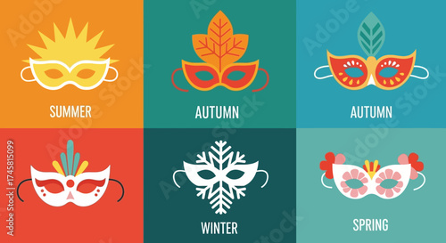 Seasonal Masks Representing Summer Autumn Winter and Spring Celebrations.