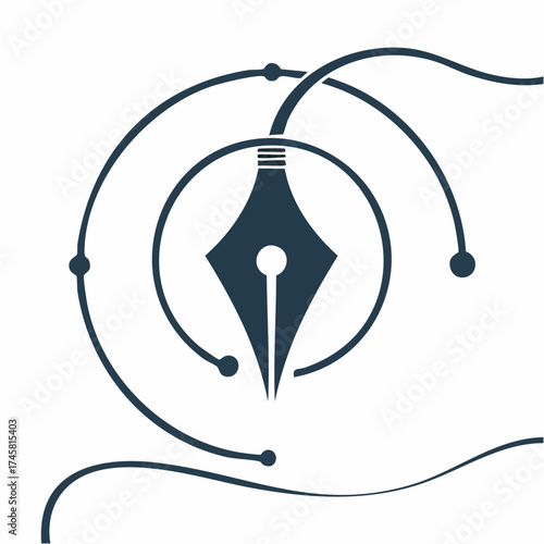 Stylized image of a fountain pen nib encircled by lines with dots, creating a modern, abstract design.