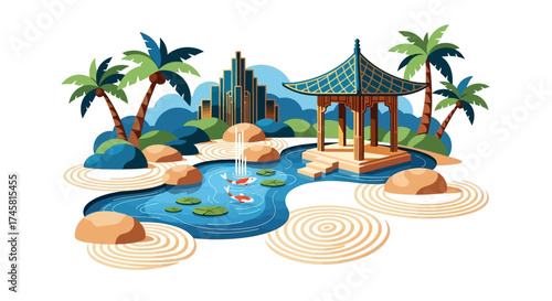 Serene Japanese Zen Garden with Koi Pond and Pagoda.