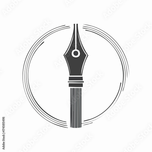 Stylized illustration of a fountain pen nib, centered within a circular graphic element.