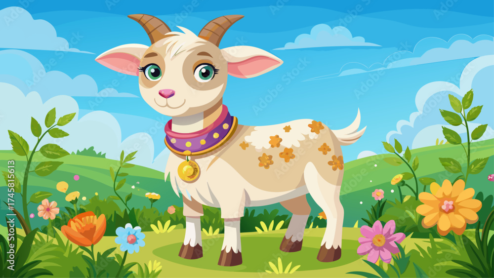 Fototapeta premium Very beautiful A charming young goat adorned with a floral collar stands in a vibrant meadow under a clear blue sky, making it a delightful image for agriculture, pets, or nature-themed projects,