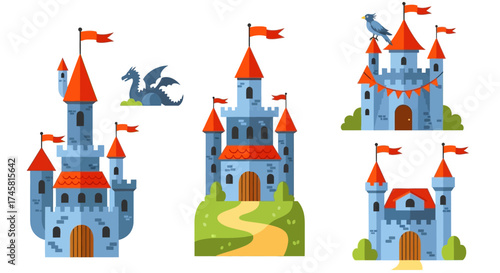 Set of Cartoon Fairy Tale Castles with Towers.