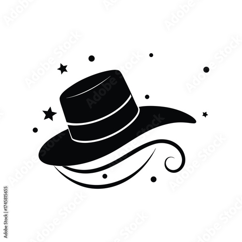 Wide brimmed hat tilted stylishly black silhouette vector art illustration