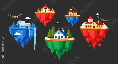 Set of Colorful Fantasy Floating Islands with Houses and Trees.
