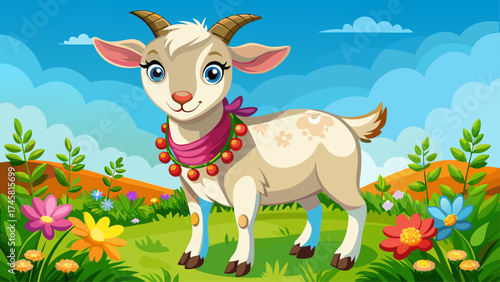 Very beautiful A charming young goat adorned with a floral collar stands in a vibrant meadow under a clear blue sky, making it a delightful image for agriculture, pets, or nature-themed projects,