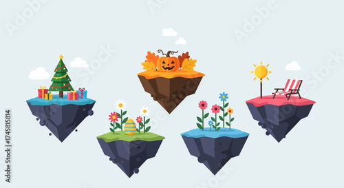 Set of floating islands depicting four seasons and holidays.