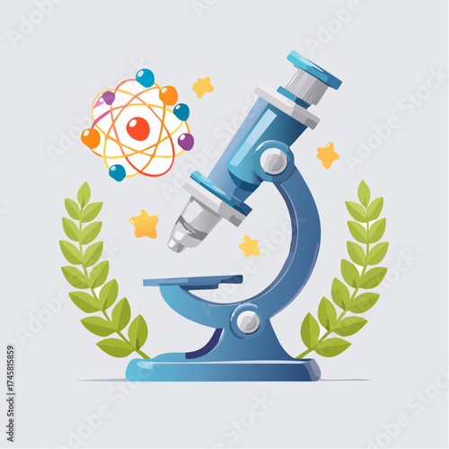 A blue microscope with an atom model, laurel wreath, and stars, representing science.