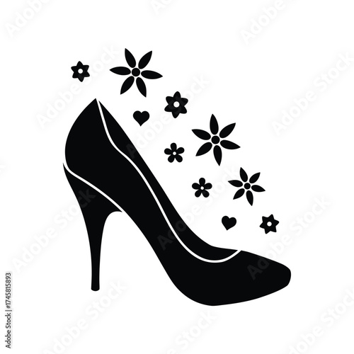 High heeled pumps stepping forward black silhouette vector art illustration