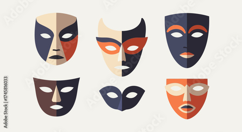 Set of six colorful flat design theatrical and carnival masks.