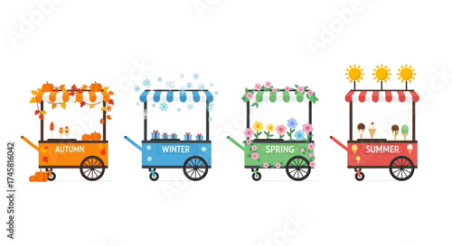 Set of four seasonal street food vendor carts illustration.
