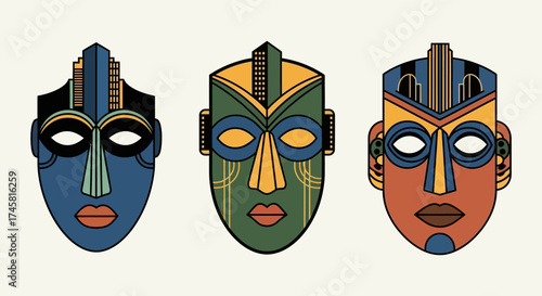Set of three colorful stylized tribal masks illustration.
