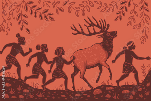 Prehistoric Hunters Spearing Giant Deer – Ancient Landscape Scene Depicting Early Human Survival, Tribal Hunting, and Primitive Tools in Natural Prehistoric Wilderness Environment